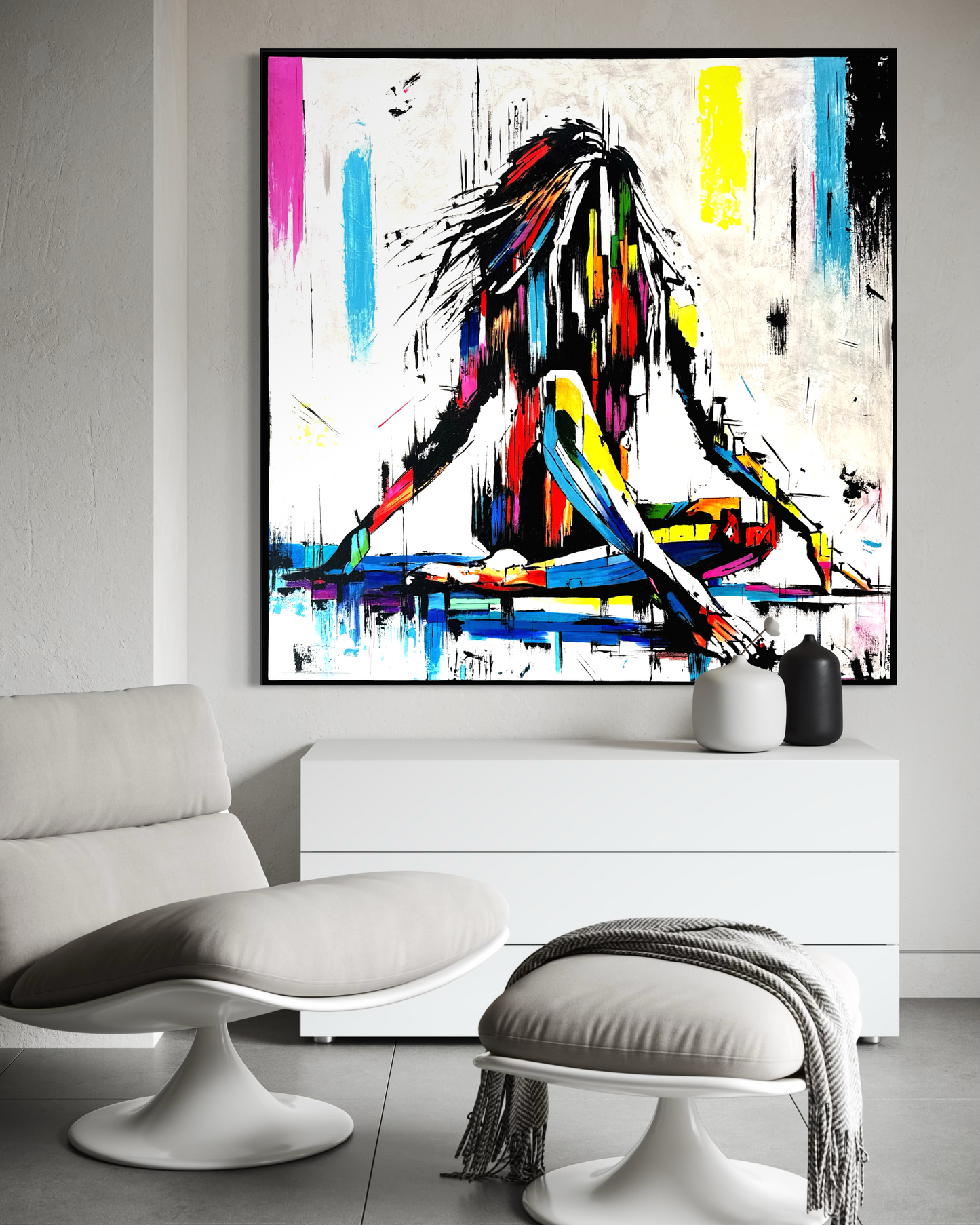 Abstract painting of a woman with colorful brushstrokes in a modern living room.